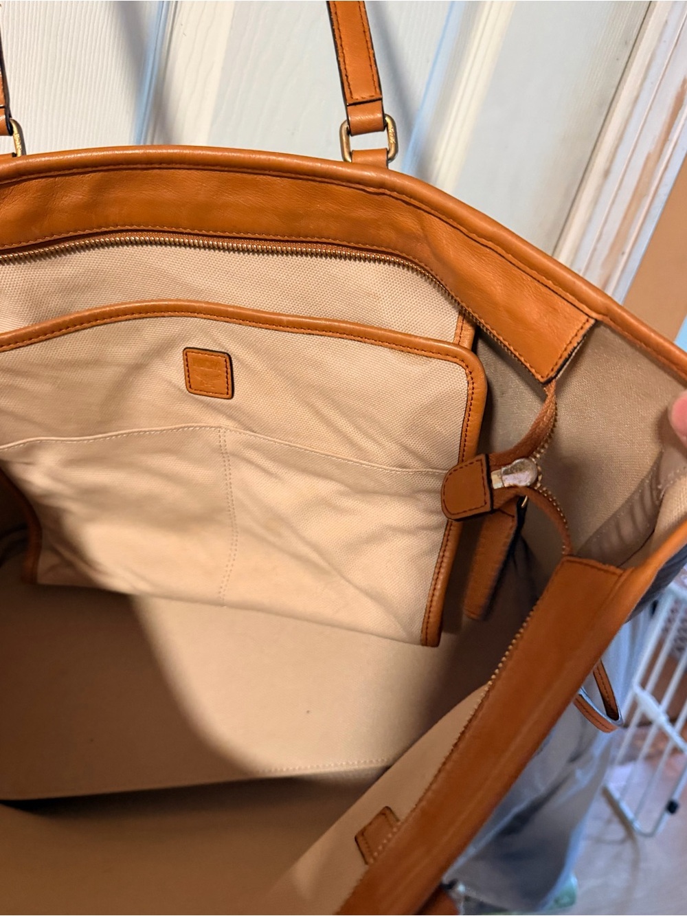 MCM Dark Brown Logo Tote with Tan Trim and Straps - Picture 4 of 8
